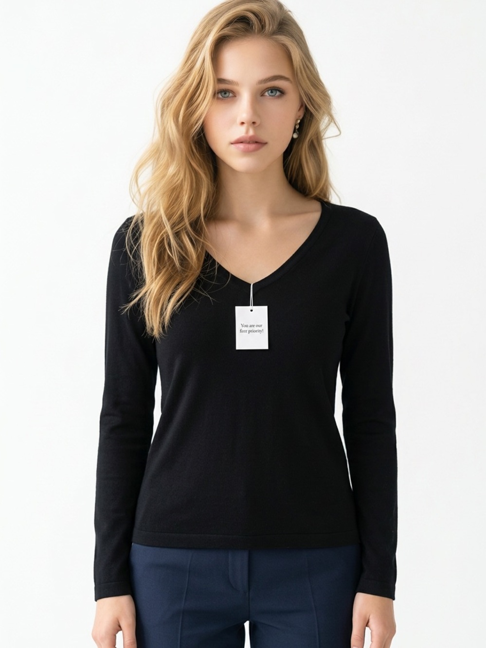 Everyday V-Neck Long Sleeve Top - Black
